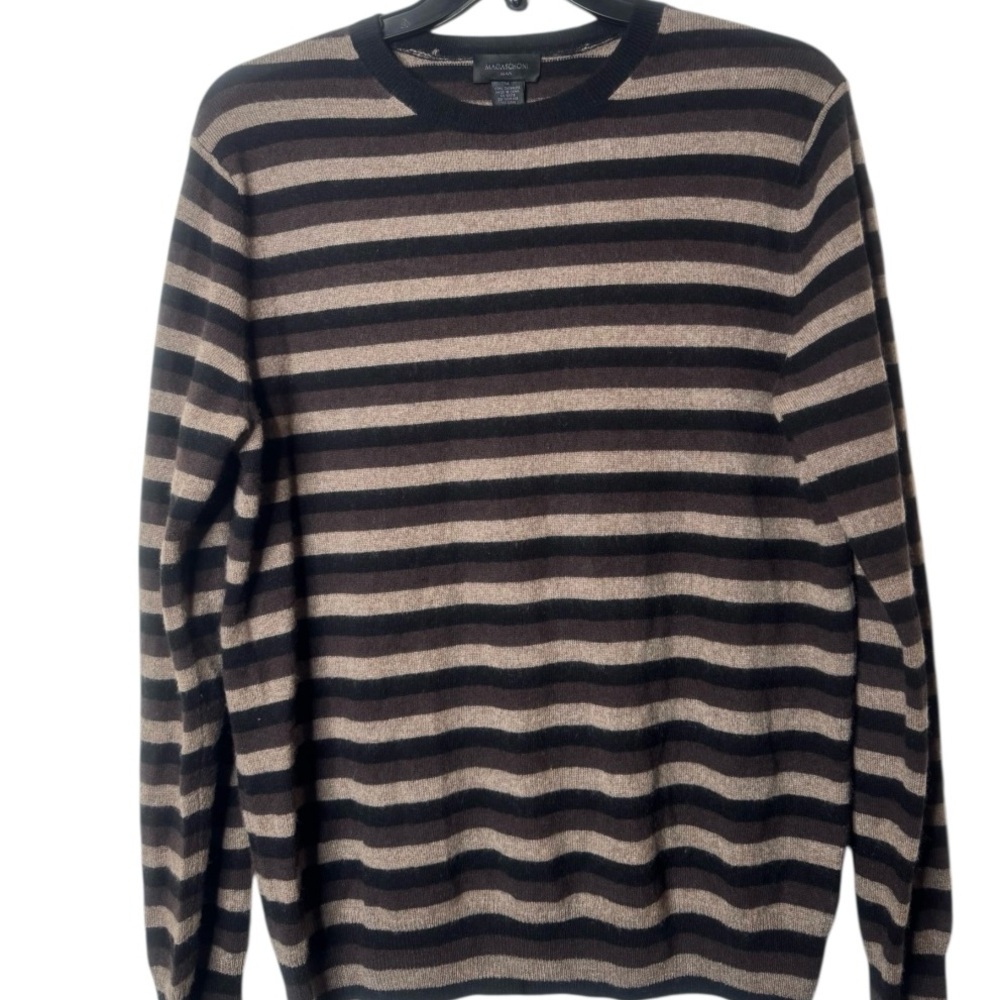 Magaschoni Men's Black and Tan Striped Crewneck Sweater